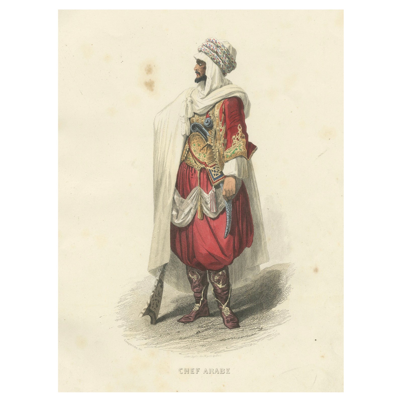Arab Chief Costume Print Algeria 1853 by Compte-Calix, Hand-Colored Lithograph