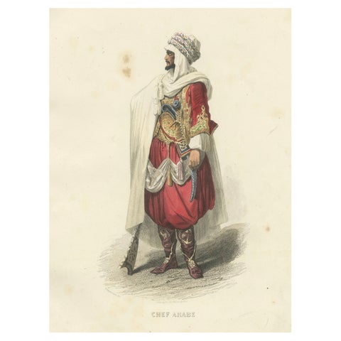 Arab Chief Costume Print Algeria 1853 by Compte-Calix, Hand-Colored Lithograph