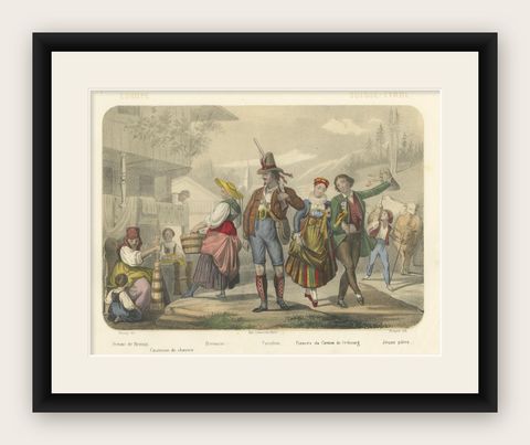 Swiss and Tyrolean Costumes, Fiancés of Fribourg and Tyrolean Figures, c.1845, shown framed