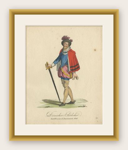 Antique Print of a Danish Nobleman in 1626, Published in 1805, shown framed