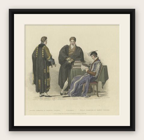 Old Print of Nobleman and Fellow-Commoners of Trinity and Emanuel College, 1815, shown framed