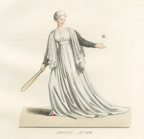 Medieval Tennis Costume Study, Hand-Colored Lithograph c.1845, close-up 1