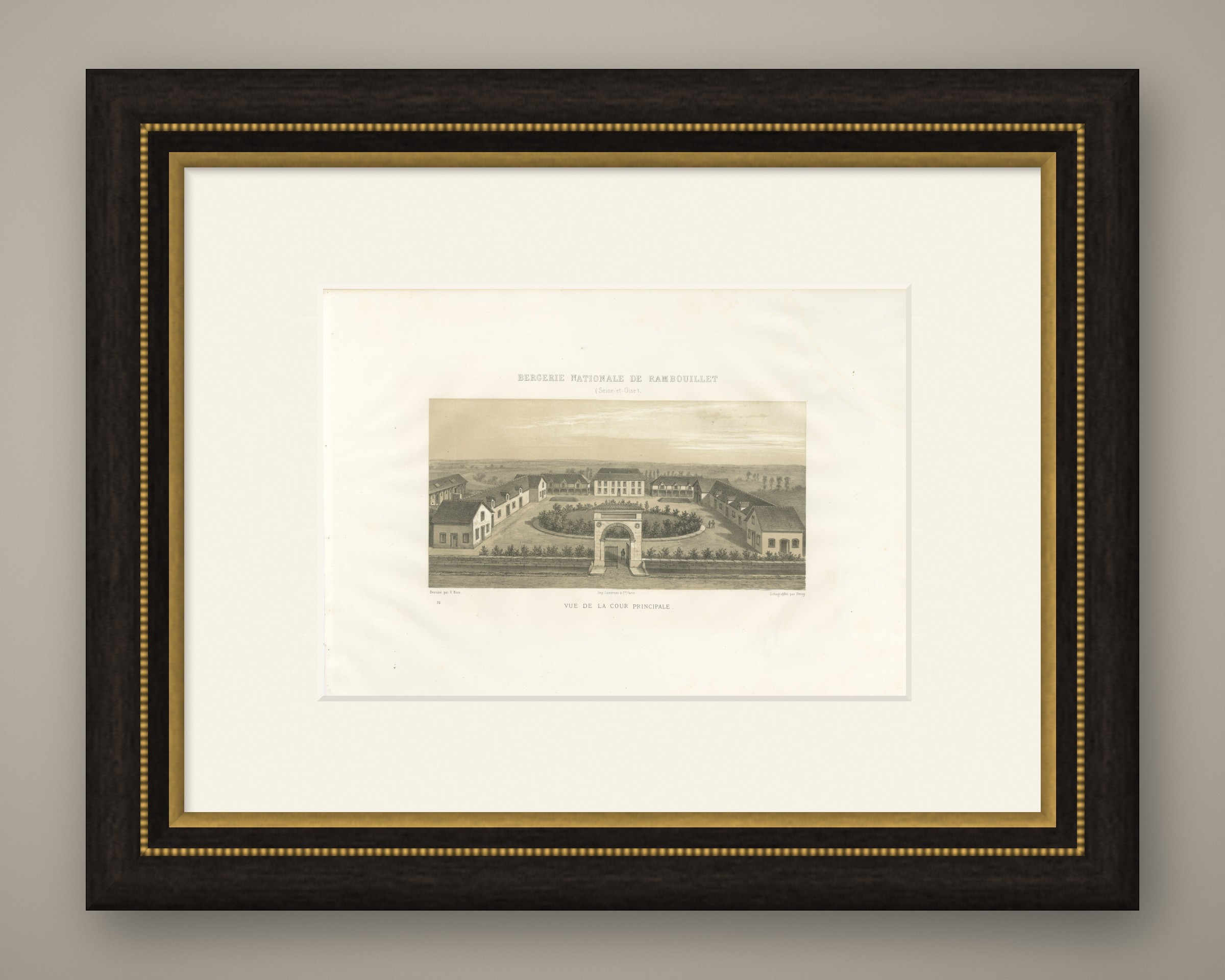 Rambouillet National Sheepfold, Main Court, Antique Print, 1873, shown framed