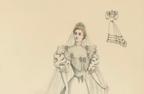Victorian Bridal Elegance: Exquisite Wedding Gowns in Lithograph, 1889, close-up 1