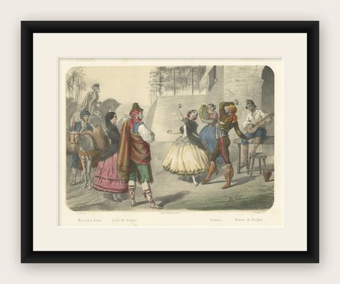 Spanish Dancers and Regional Costumes, Gitano and Valencian Figures, c.1845, shown framed
