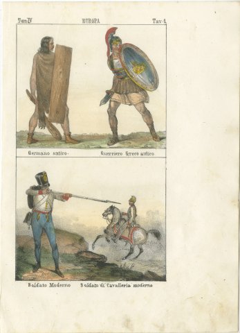 Ancient Germanic and Greek Warriors with Modern Soldiers, Hand Colored, 1842, view 2