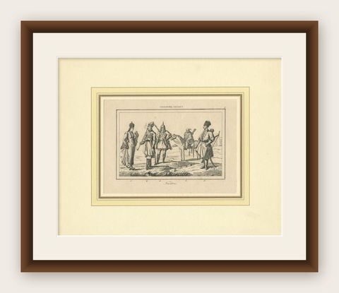 Antique Print of Military Costumes of the Caucasus Region, circa 1880, shown framed