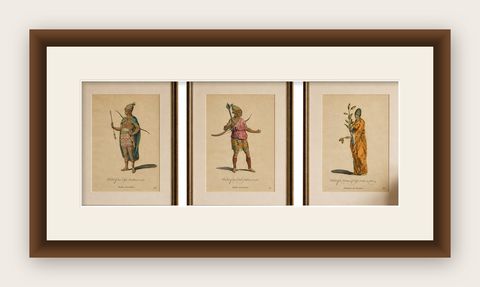 Antique Costume Prints, East Indies Figures & Tribal Dress, 1749, shown framed