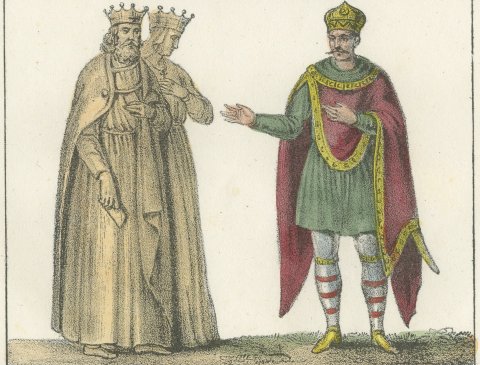 The Throne of Dagobert with Pepin, Bertha and Charlemagne, Lithograph, 1842, close-up 2