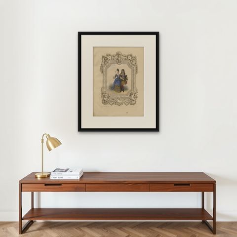 Louis XIV French Court Costume, Royal Couple, 1847, shown framed on a wall