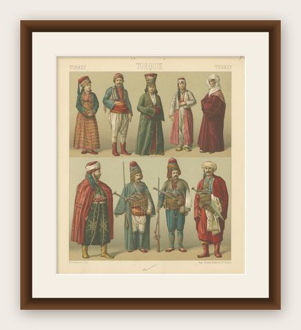 Antique Print of Turkish Costumes by Racinet, 'circa 1880', shown framed