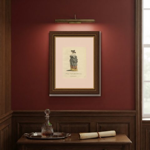 Merchant's Wife of London in 1640, Back View, Jefferys Costume Print, 1757, shown framed on a wall