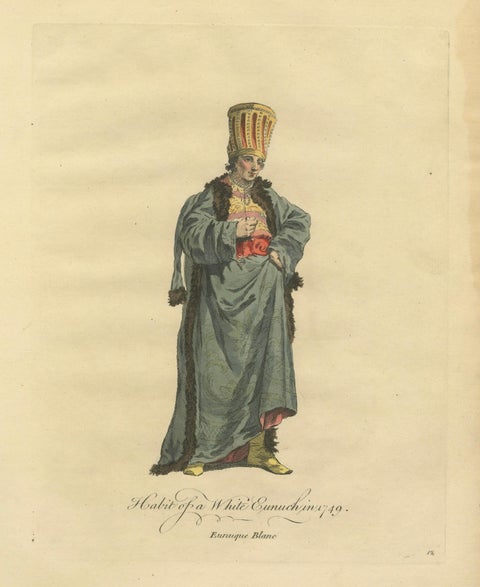 Ottoman Eunuch Costume Print, Hand-Colored Engraving, 1749, close-up 1