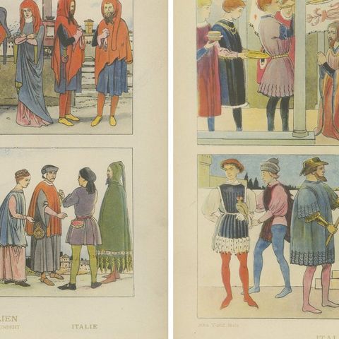 Italy 10th–16th Century, Set of Eight Antique Hand-Colored Costume Prints, 1880, close-up 1