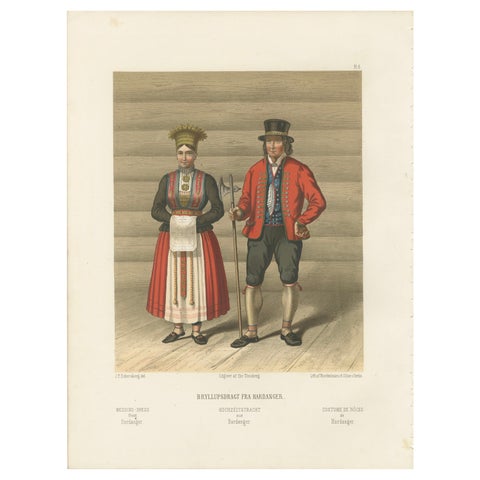 Norwegian Bride and Groom in Hardanger Dress, Antique Print, 1860s