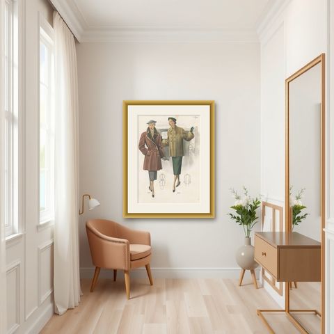 Vintage Fashion Print 'Pl. 14305' Published in Ladies Styles, 1952, shown framed in a room