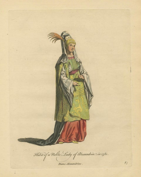 Habit of a Noble Lady of Alexandria in 1581, Elegant Ottoman Costume Print, 1749, close-up 1
