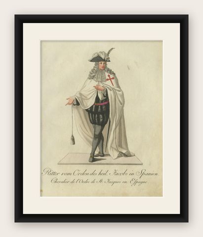 Knight of the Order of St. James in Spain - Historical Costume Engraving, 1791, shown framed