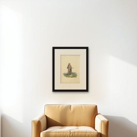 Antique Costume Print of a Woman of Finland in Her Holiday Dress, 1811, shown framed on a wall