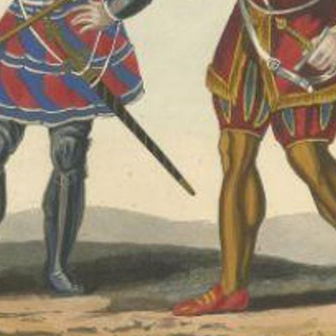 Antique Print of a Knight and Guard, 1842, close-up 1
