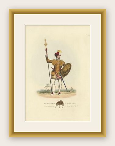 Antique Hand-Colored Print of a Knight in Embossed Armor, (1842), shown framed