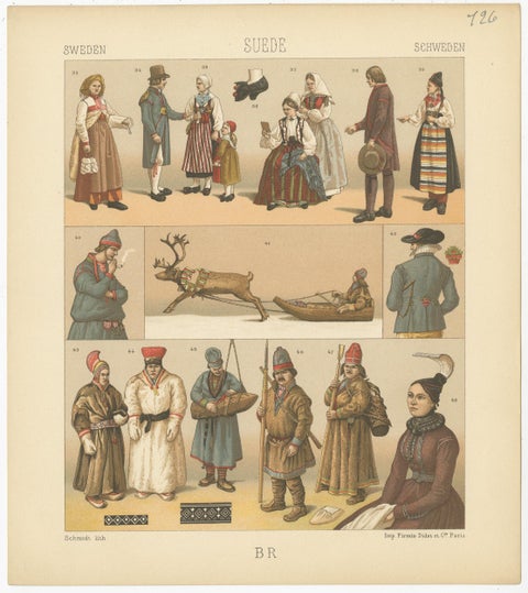 Pl. 126 Antique Print of Swedish Costumes of Racinet, 'circa 1880', view 4