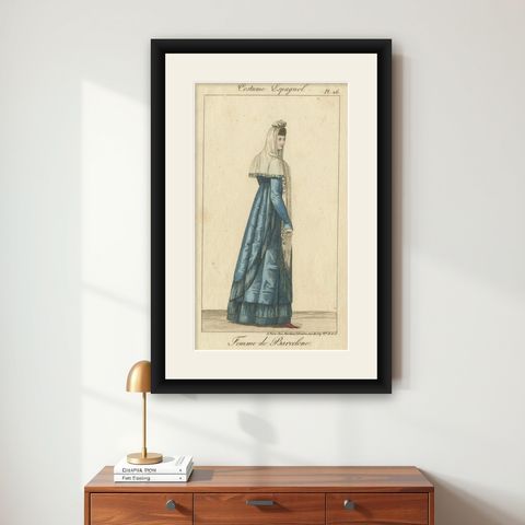 Woman of Barcelona, Hand-Colored Engraving from Costume Espagnol, Paris, c.1805, shown framed on a wall