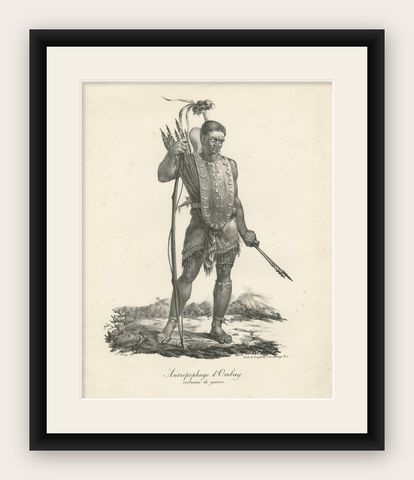 Warrior of Owhyhee (Hawaii) - Anthropophage in War Costume, 1785 Engraving, shown framed