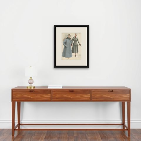 Antique Fashion Print 'Pl. 16529' published in Le Tailleur Moderne, 1954, shown framed on a wall