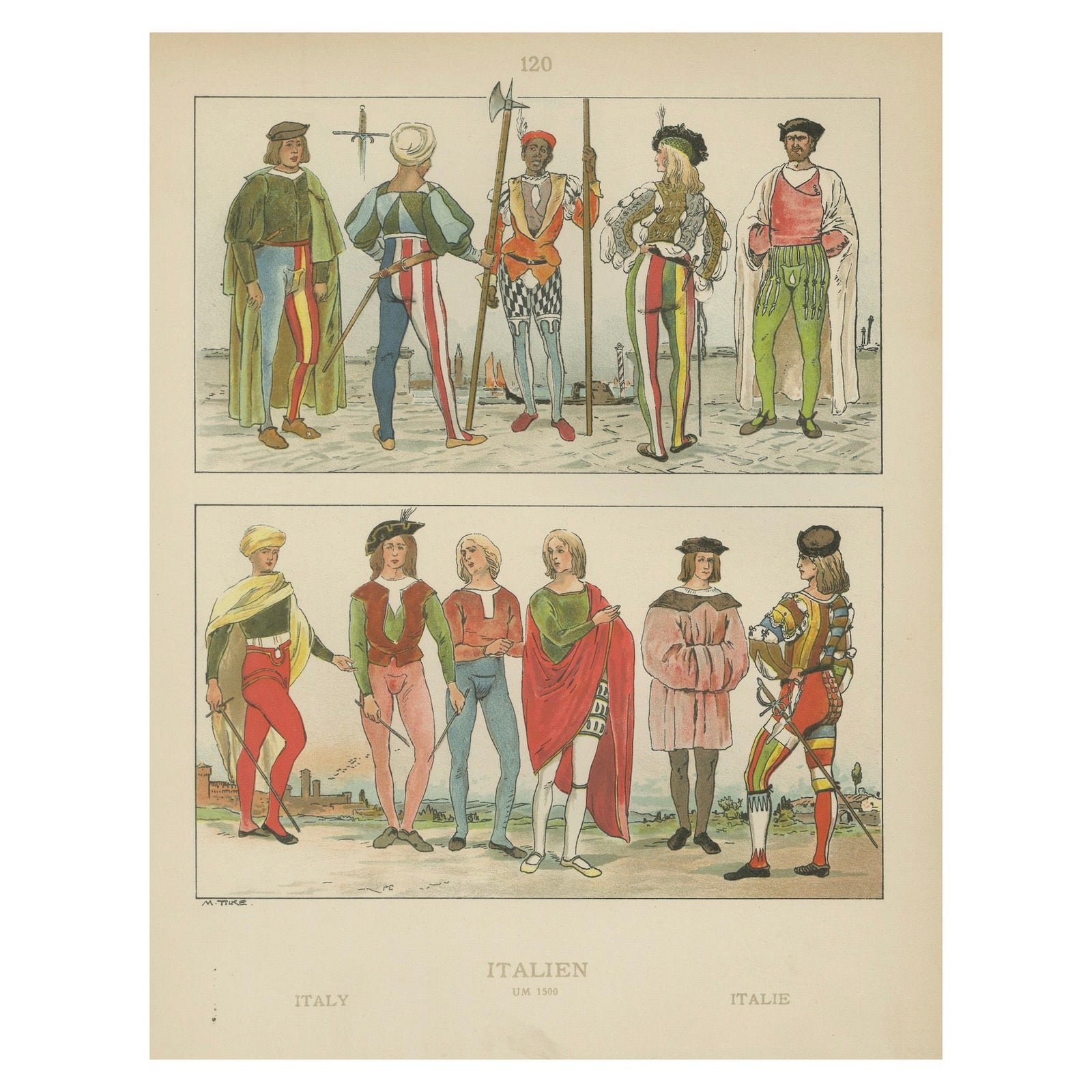 Italy circa 1500, Antique Hand-Colored Renaissance Costume Print, Published 1880