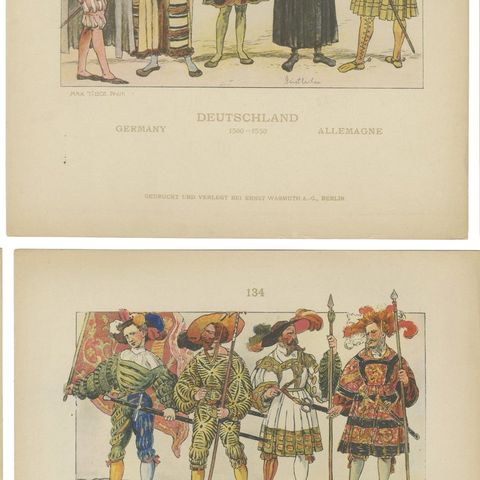 German Renaissance & Landsknecht Costumes 1500s, Set of 6 Antique Prints, 1880, close-up 2