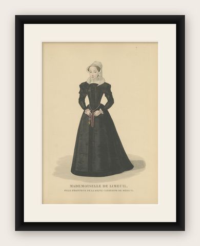 Hand Colored Engraving of Isabelle de Limeuil, a French Noblewoman, 1900, shown framed