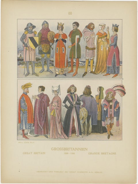Great Britain 1300–1500 Costume Plate, Antique Hand-Colored Print, ca.1880, view 2