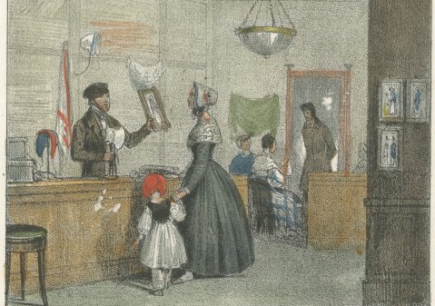 Fashion Shop with Fashion Plates and a Paddle Steamer, Hand Colored Print, 1842, close-up 1