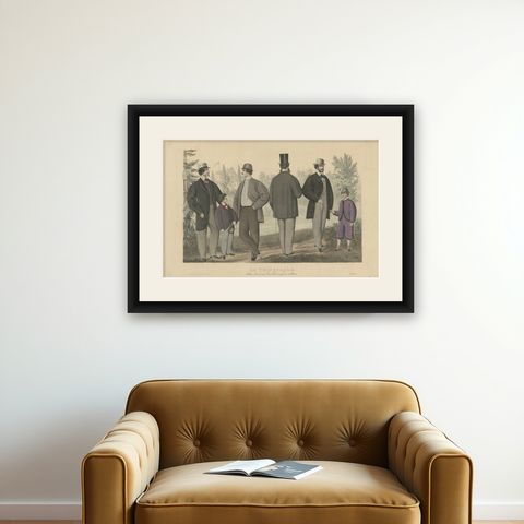 Antique Fashion Print of Men and Women Illustrating the Fashion Trend in 1864, shown framed on a wall