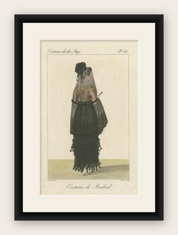 Spanish Woman from Madrid, Hand-Colored Engraving, Costume de divers Pays, 1820, shown framed