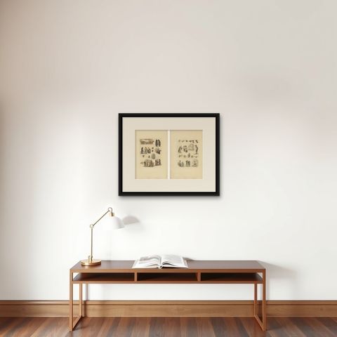 Hand-Colored Prints of Dutch and Flemish Costumes, Figures and Headwear, 1820, shown framed on a wall