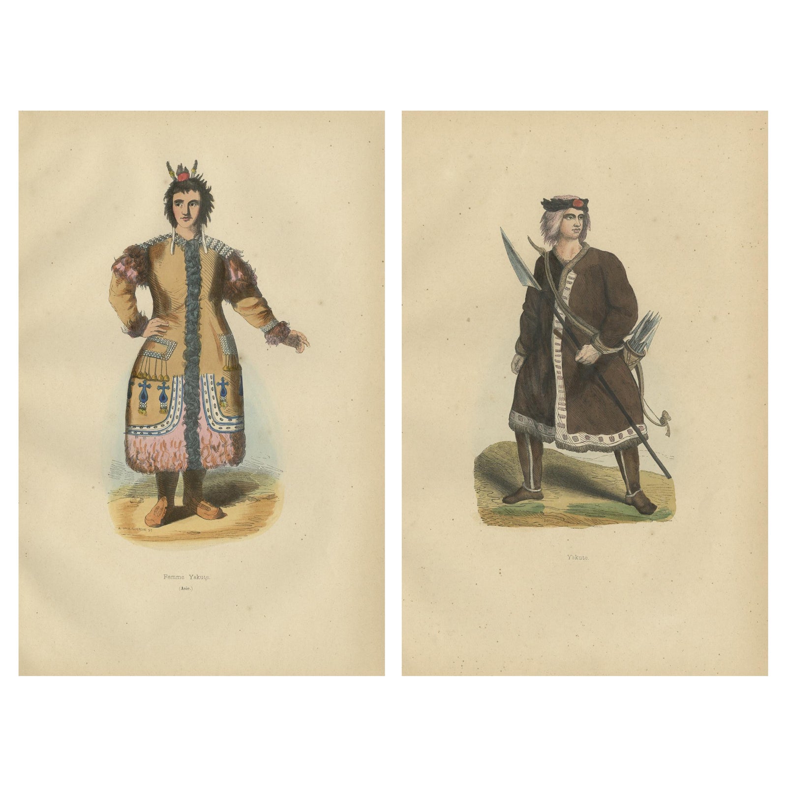 Yakut People in Traditional Attire, 1844 Handcolored Lithographs