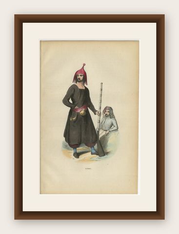 Antique Kurdish Warrior Print, Hand-Colored Ottoman Costume Lithograph, 1852, shown framed