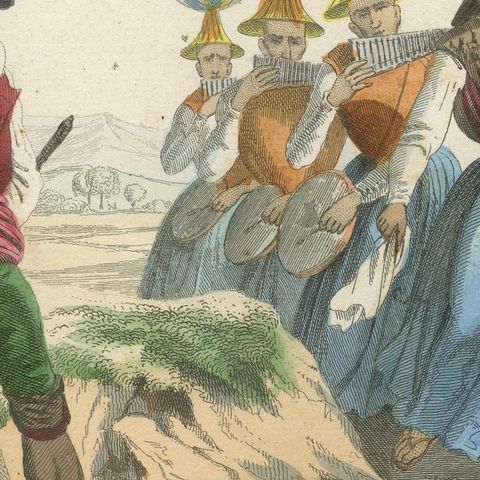 Original Antique Costume Print of Peru, Arrieros & Aymara Dance, c.1840, close-up 6