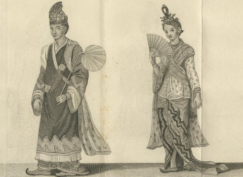 Royal Burmese Official & His Wife in State Attire, Antique Costume Print, c1800, close-up 5
