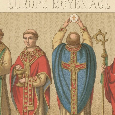 Medieval European Clergy Costumes by Racinet, Gothic Vestments, 1888, close-up 4