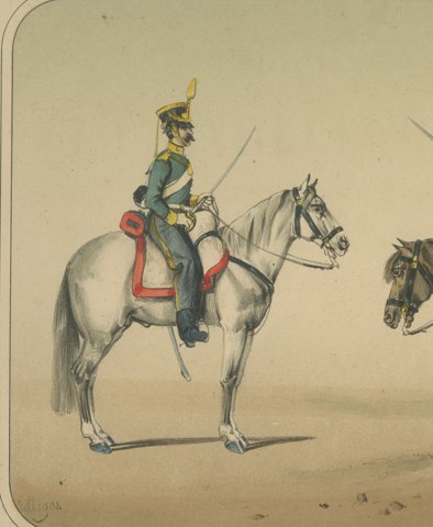 Two Spanish Cavalrymen in Crested Helmet and Bearskin Cap, Villegas, 1861, close-up 1
