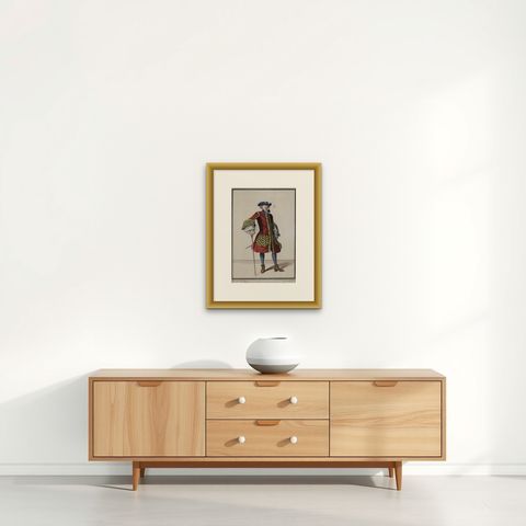 Copper Engraving Depicting the High Quality of the Fashion Under Louis XIV, 1684, shown framed on a wall