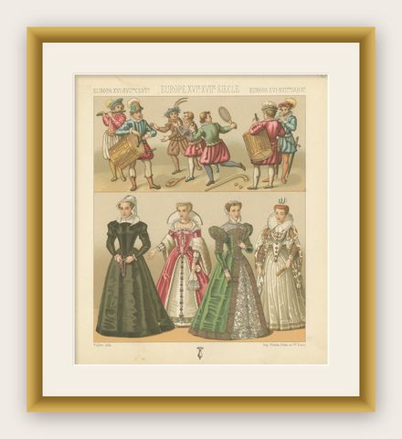 Pl. 82 Antique Print of European XVIth-XVII Century Costumes by Racinet, shown framed