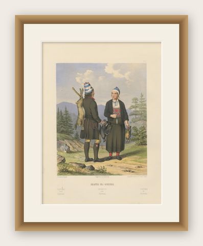 Traditional Dress from Surendal, Norway, Hunting Scene, 19th Century Print, shown framed