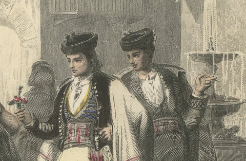 Costumes of Majorca, 19th-Century Hand-Colored Engraving by Ed. Willmann, close-up 4