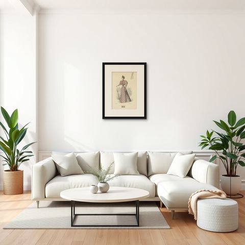 Refined Elegance: 1889 Fashion Lithograph by Michau, the Exposition Universelle, shown framed in a room
