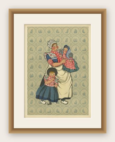 Spakenburg Women’s Working Dress with Children, Dutch Costume Print 1932, shown framed