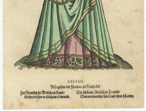 Noblewoman of Naples, Rare Antique Costume Woodcut, Jost Amman, 1577, close-up 2